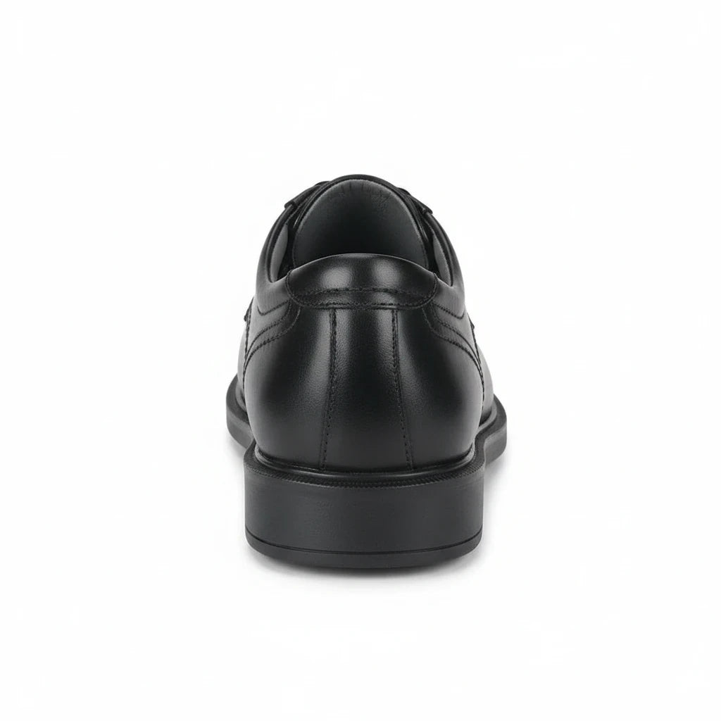 Allen's Bootery Ambassador black leather dress shoe, back view showing the cushioned heel and durable sole.