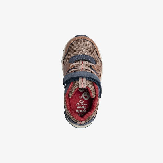 Allen's Bootery Artin 4.0 tan and navy athletic sneaker for kids with a hook-and-loop strap and red interior lining.