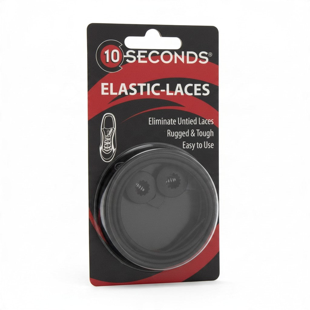 Allen's Bootery 10 Seconds black elastic shoelaces in retail packaging for slip-on sneaker convenience
