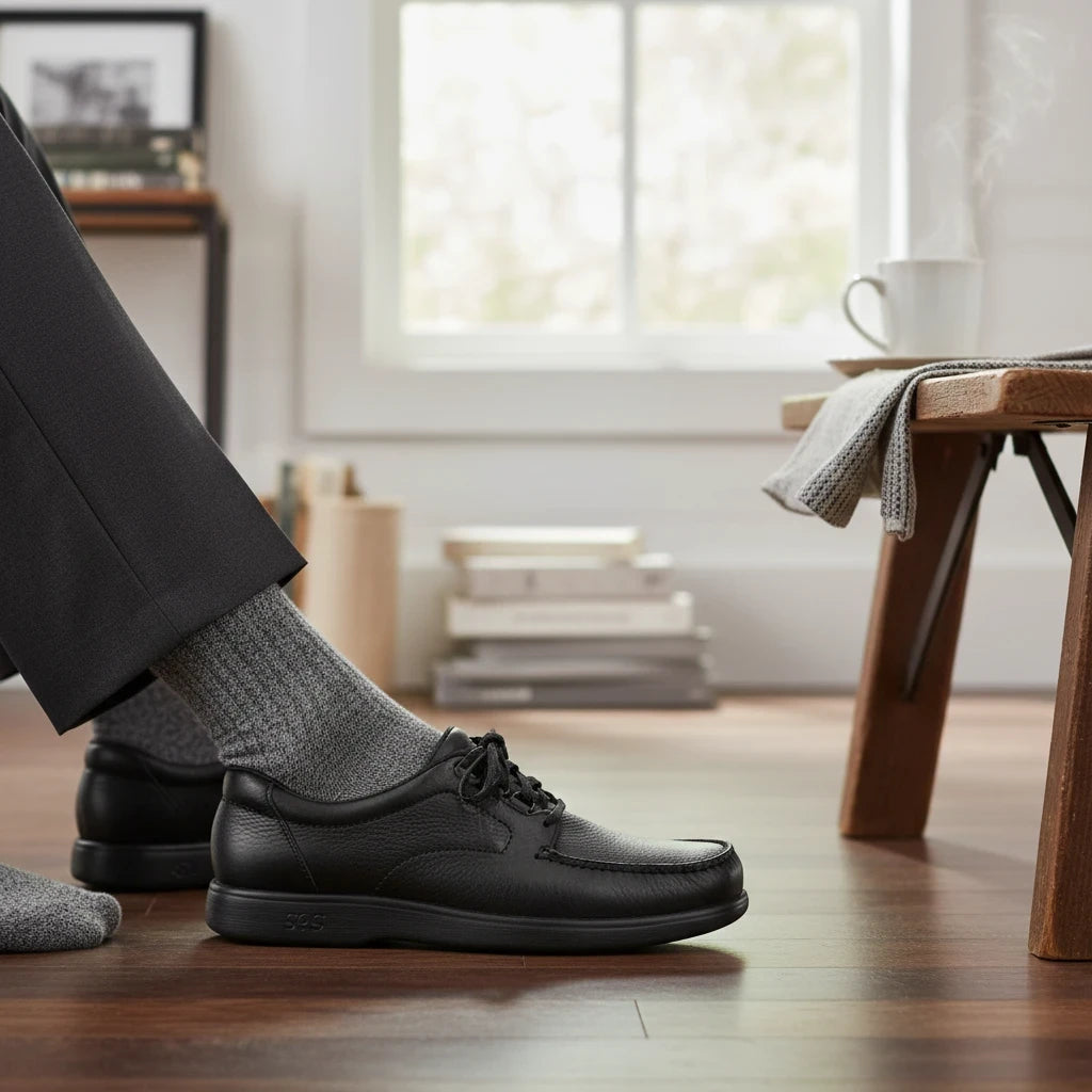Allen's Bootery Bout Time black leather lace-up loafer with moccasin construction worn with grey socks in a home setting