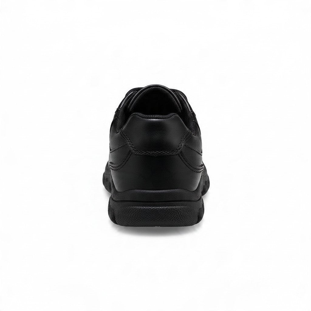 Rear view of Allen's Bootery black leather infant and toddler shoes with a durable rubber sole.