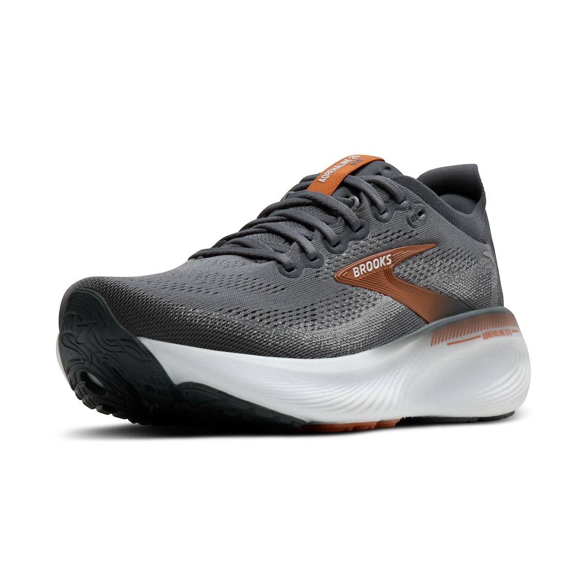Allen's Bootery Brooks Adrenaline 25 men's running shoe in turbulence grey and brown with supportive white midsole