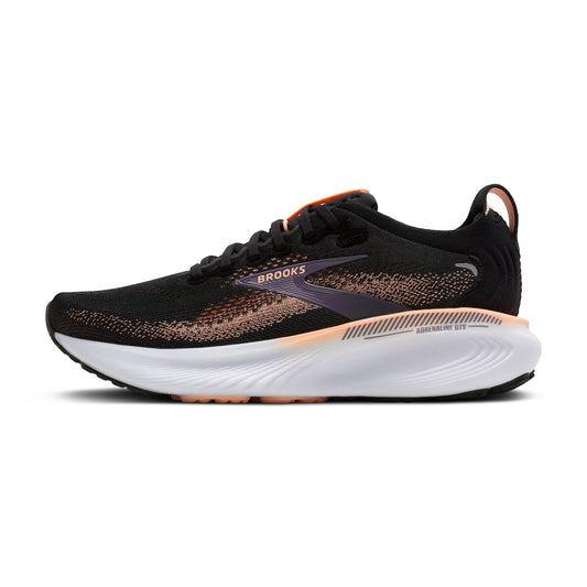 Allen's Bootery Brooks Adrenaline 25 women's running shoe in black, peach, and mulled grape with a white midsole.
