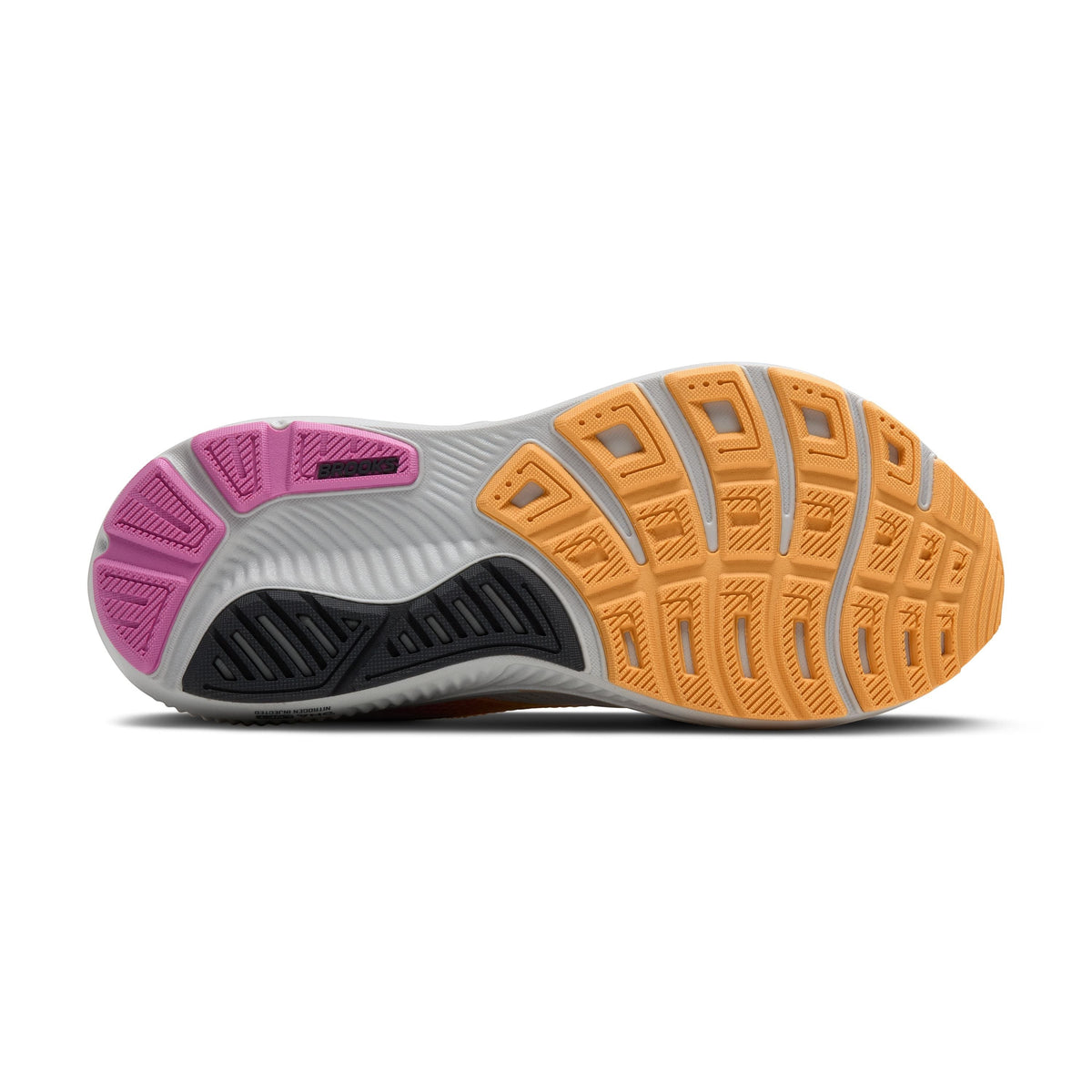 Allen's Bootery Brooks Ghost 17 women's road running shoe outsole in oyster, apricot, and pink with traction tread.