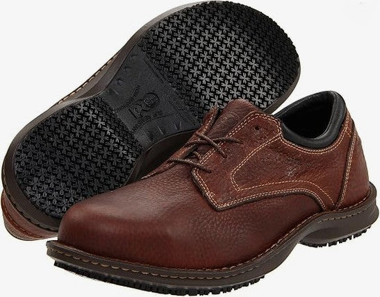 Allen's Bootery TM85590 Gladstone brown leather steel toe work oxford with slip-resistant outsole and contrast stitching.