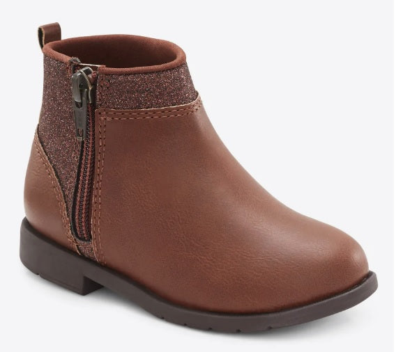 Allen's Bootery Stride Rite Lucy 3 brown toddler boots with side zipper and subtle glitter ankle detail