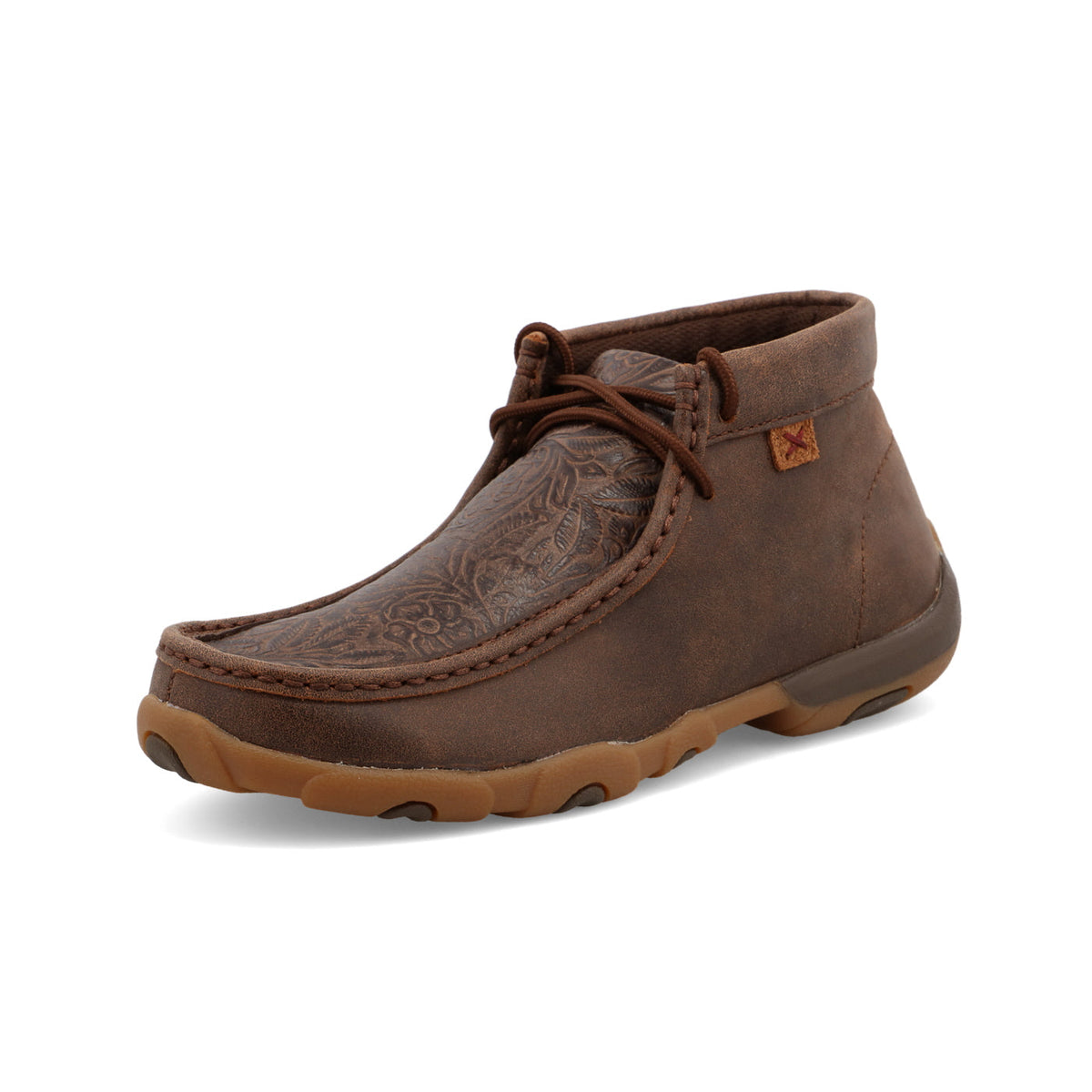 Allen's Bootery brown chukka boots featuring a western-inspired tooled leather vamp and a durable rubber outsole.