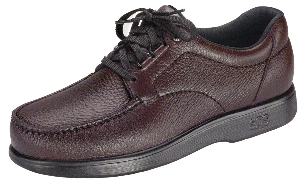 Allen's Bootery SAS Bout Time cordovan brown leather lace-up loafer with moccasin construction and flexible sole.