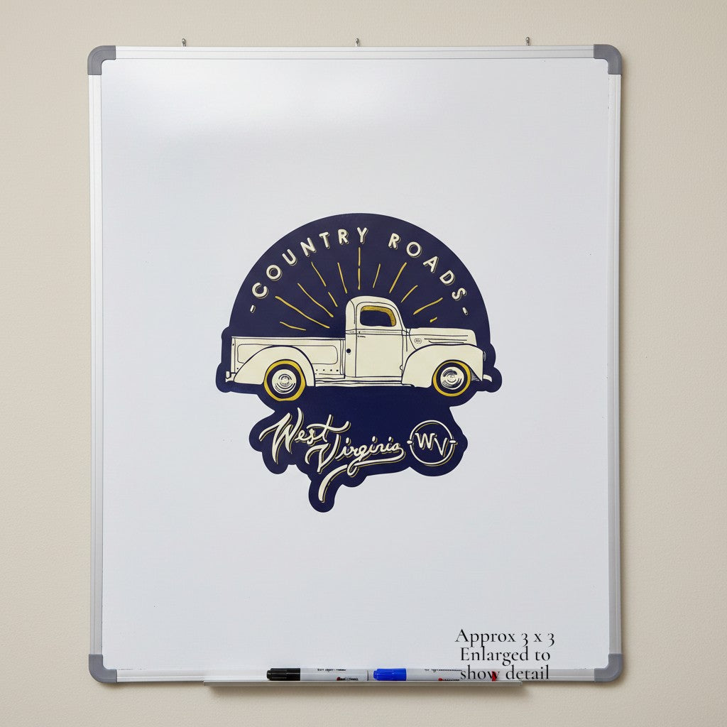 Allen's Bootery Country Roads truck magnet featuring a vintage white pickup truck on a dark blue circular background.