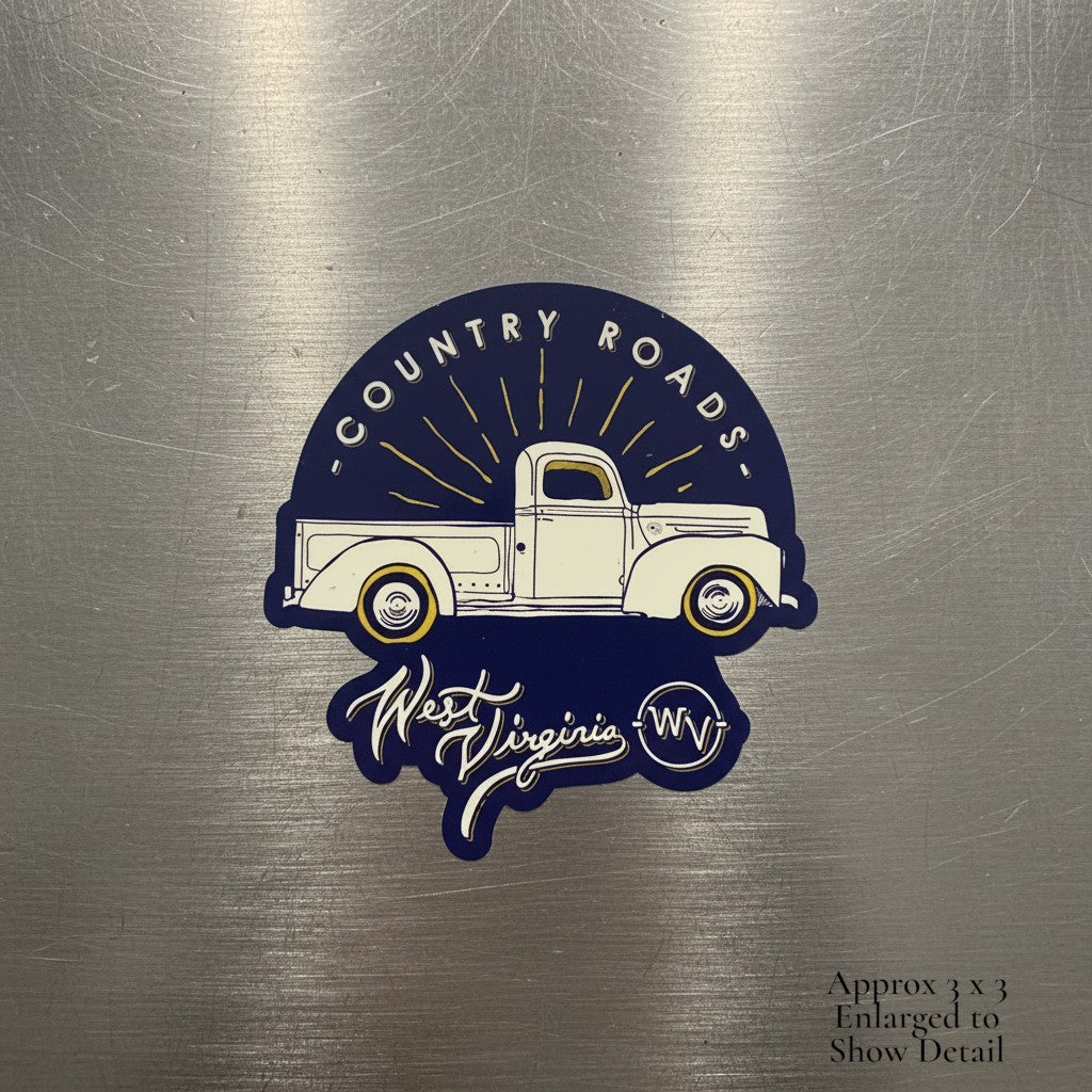 Allen's Bootery Country Roads truck magnet featuring a vintage white pickup truck on a dark blue background.