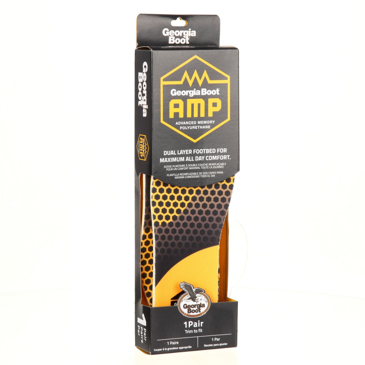 Allen's Bootery Georgia Boot AMP memory foam replacement insoles in retail packaging with honeycomb pattern