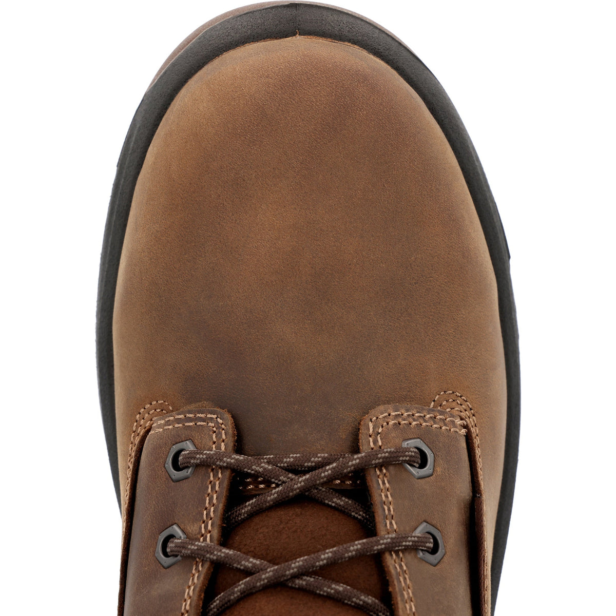 Allen's Bootery Georgia Boot men's brown leather waterproof work boot with alloy safety toe, top-down view.