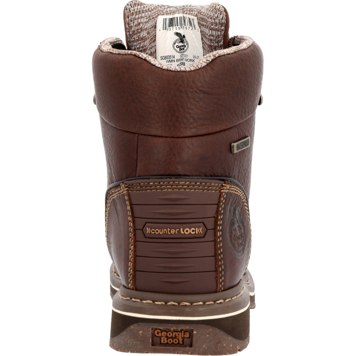 Allen's Bootery Georgia Boot women's waterproof work boot, back view showing brown leather and Counter Lock system