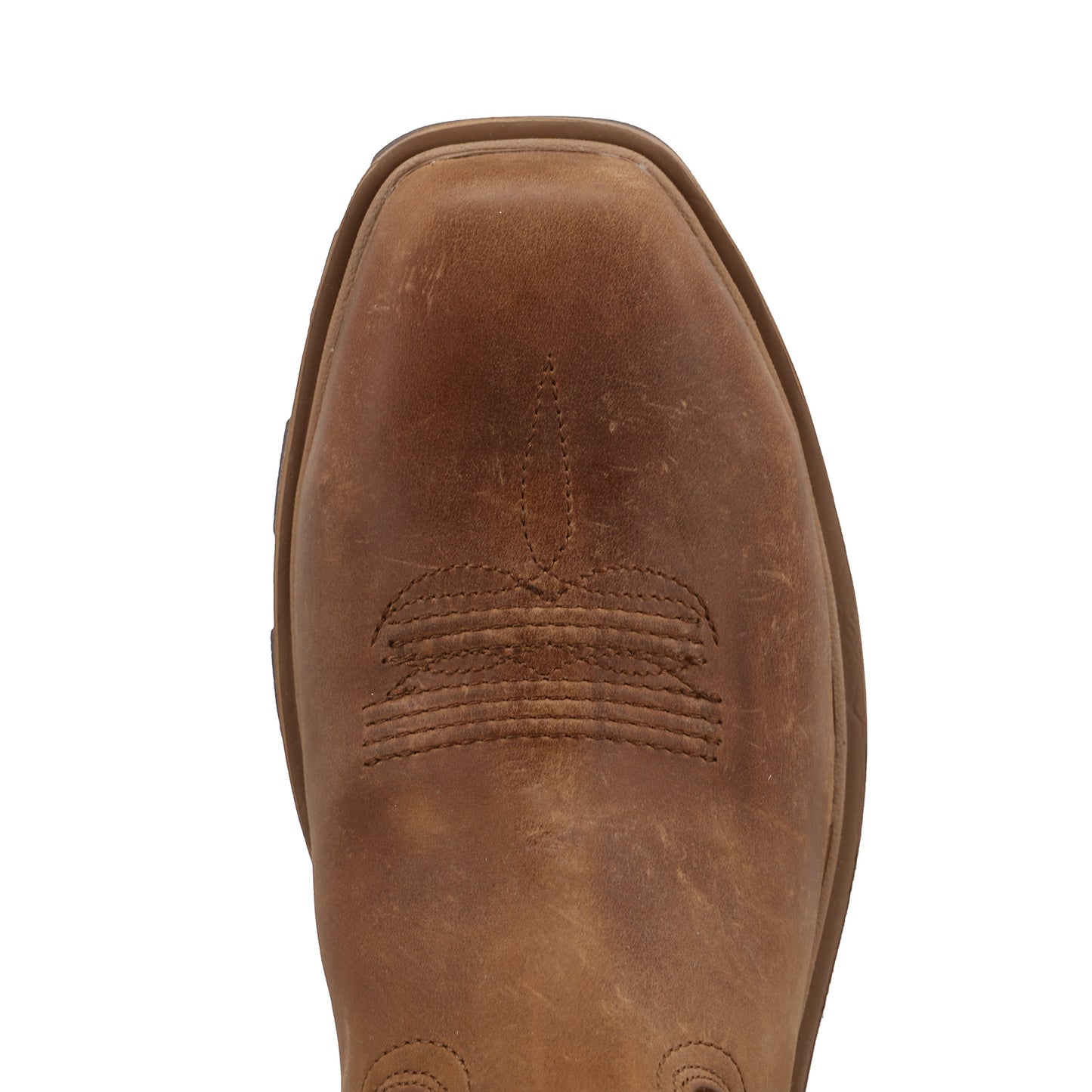 Allen's Bootery ginger waterproof leather work boot with square toe and decorative stitching on the vamp