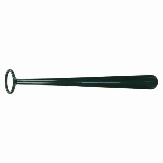 Allen's Bootery 24-inch dark green plastic ovalette shoe horn with an easy-grip handle for standing use.