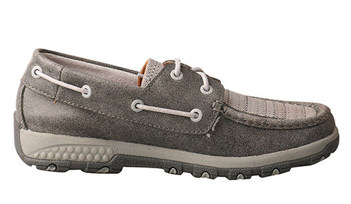Allen's Bootery grey eco-friendly boat shoe driving moc in full-grain leather and tweed with CellStretch technology.