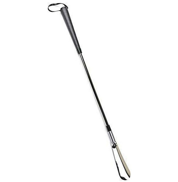 Allen's Bootery 24-inch Jockey long-handled shoe horn with a flexible spring neck and ergonomic non-slip grip handle.