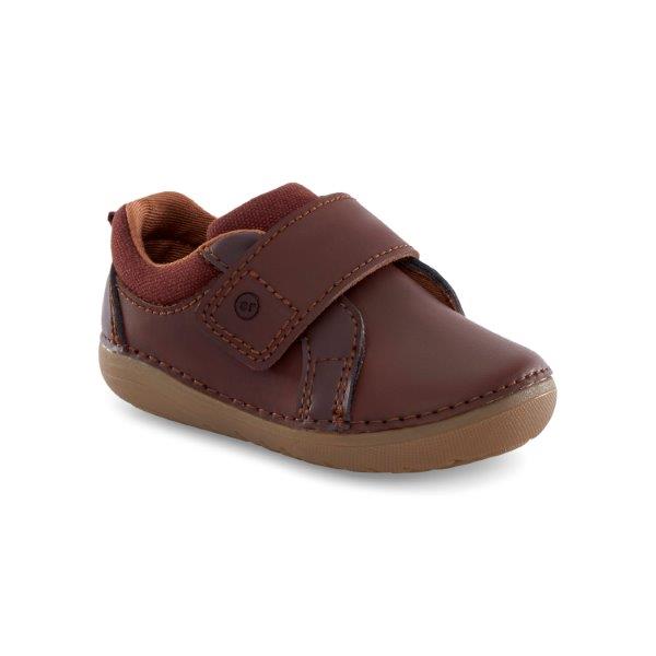 Allen's Bootery Jodie infant leather shoes in brown with hook-and-loop closure and flexible slip-resistant soles.