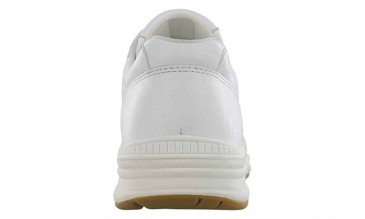 Allen's Bootery Journey II chalk white leather walking shoe, rear view showing cushioned midsole and rubber outsole.