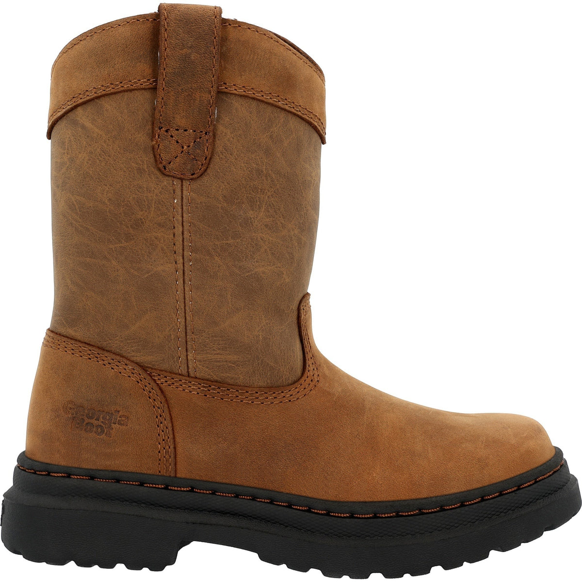 Allen's Bootery Georgia Boot kids' brown leather pull-on Romeo SuperLyte boot with a black slip-resistant sole.