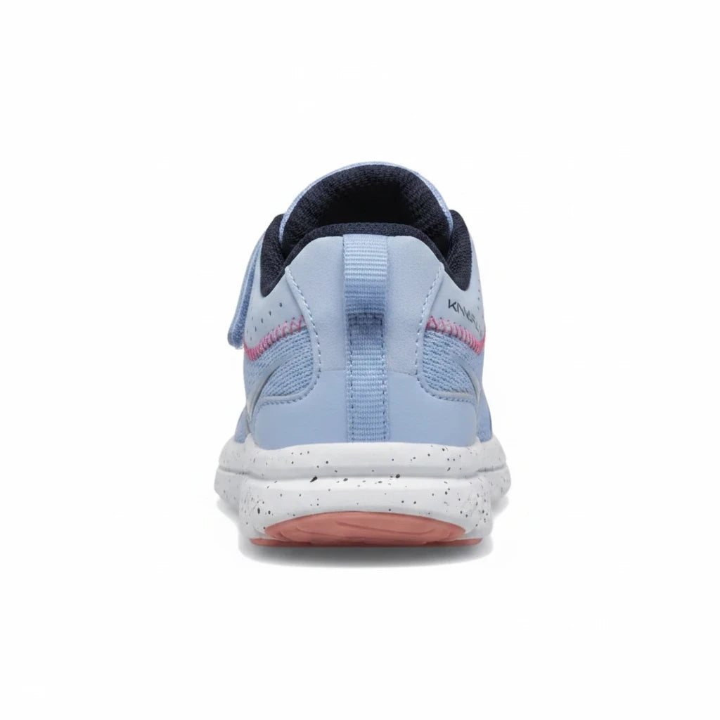 Allen's Bootery light blue Kinvara 14 A/C kids running shoe, back view showing speckled midsole and pink accents.
