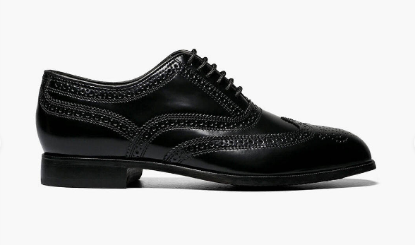 Allen's Bootery Lexington black leather wingtip oxford shoe with intricate perfing and lace-up closure