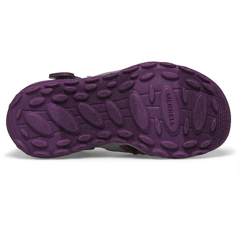 Allen's Bootery Merrell Hydro 2 toddler sandal featuring a purple non-marking rubber outsole with extra grip
