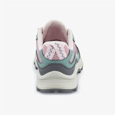 Allen's Bootery Little Kid's MOAB SPEED waterproof hiking sneaker in dusty pink and olive from a rear view.