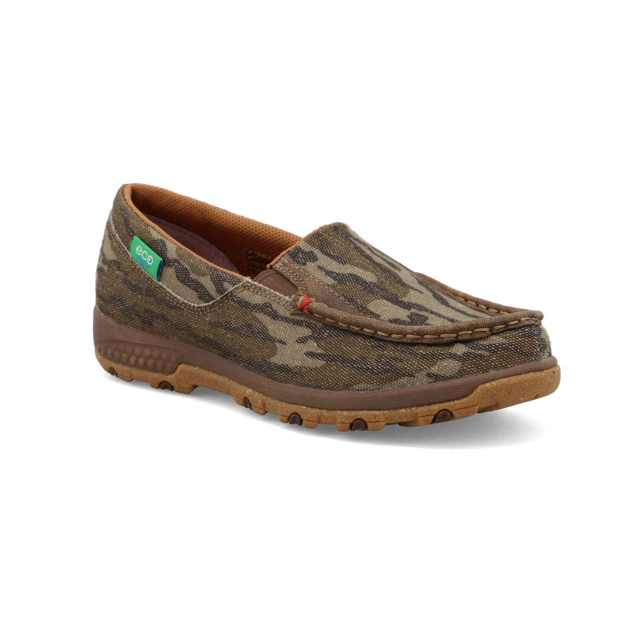 Allen's Bootery women's Mossy Oak camo slip-on driving moc made from eco-friendly ecoTWX tweed with a rubber outsole.