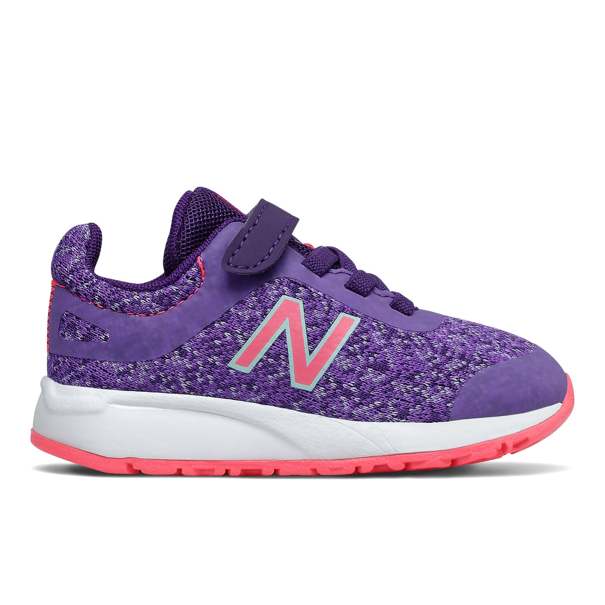 Allen's Bootery New Balance 455 V2 toddler running shoe in purple mesh and suede with pink accents and bungee lacing.