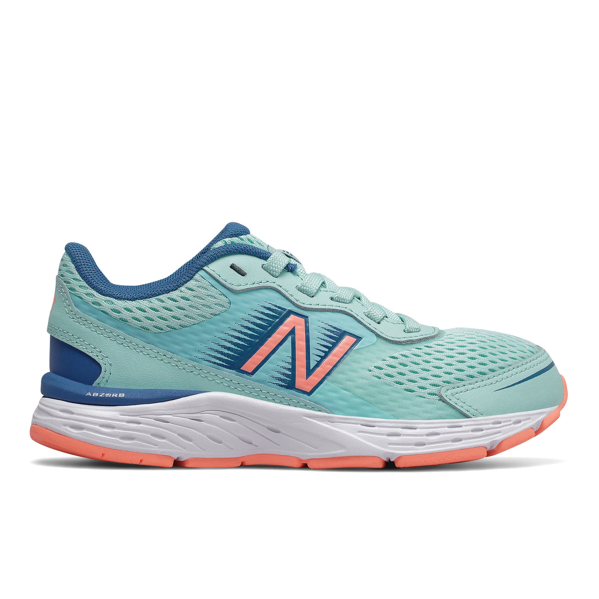 Allen's Bootery New Balance 680 big kid running shoe in bali blue and ginger pink with leather and mesh upper