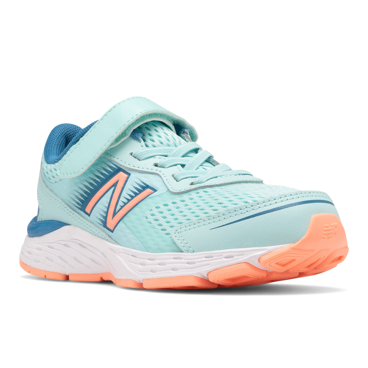 Allen's Bootery New Balance 680 kids running shoe in Bali blue and ginger pink with adjustable hook-and-loop closure.