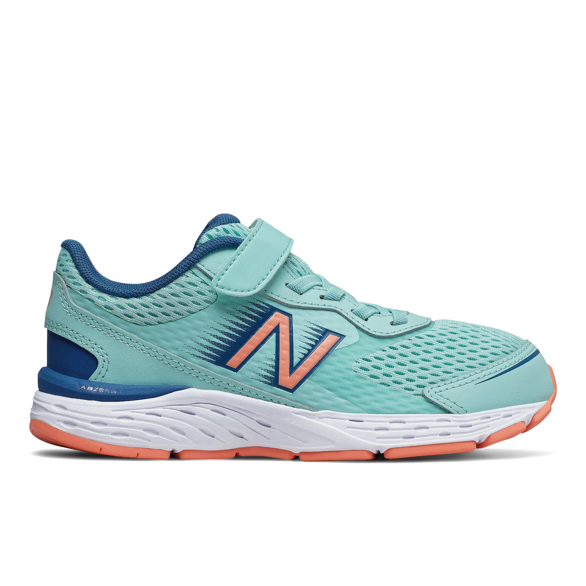Allen's Bootery New Balance 680 kids running shoe in Bali blue and ginger pink with mesh upper and velcro strap.