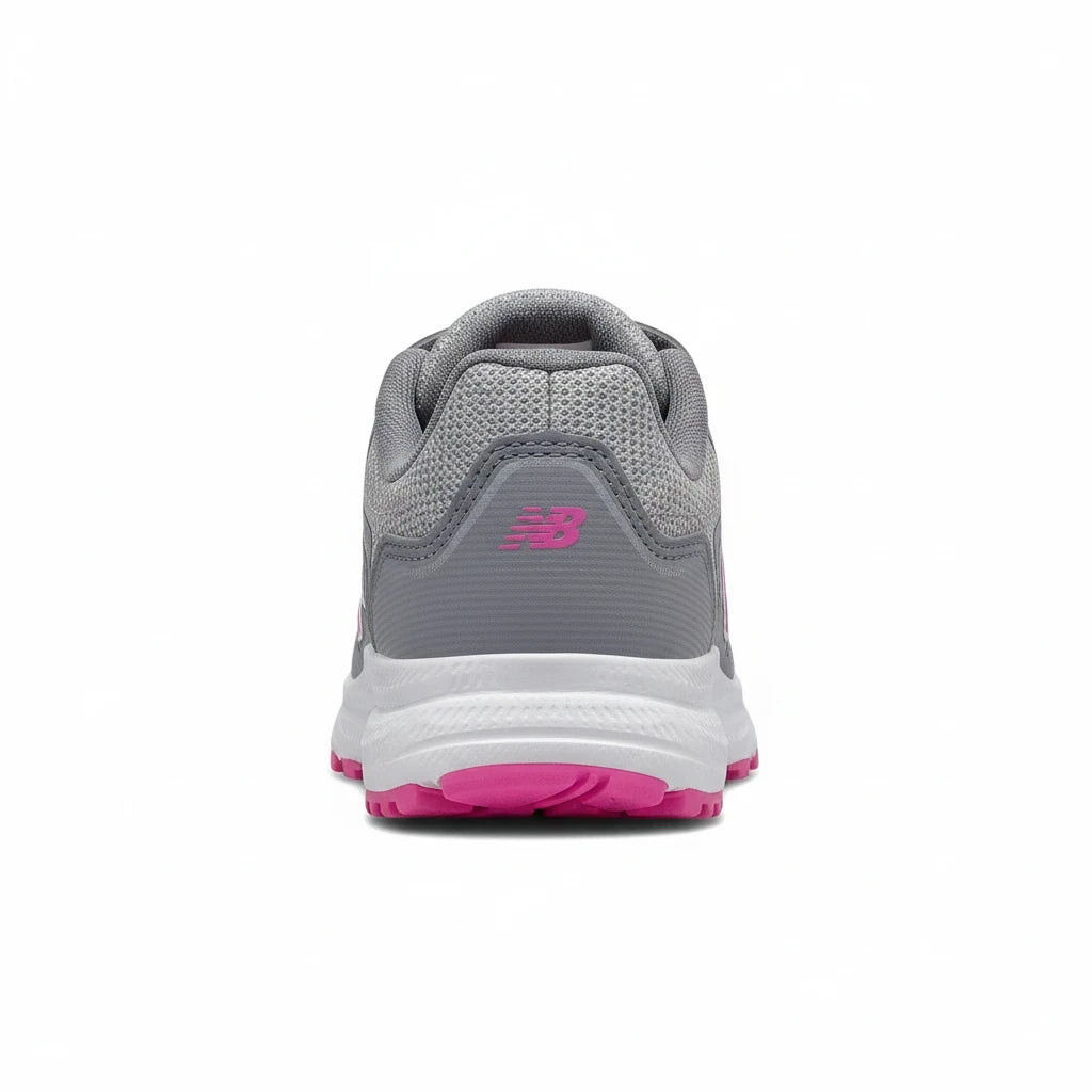 Allen's Bootery New Balance 519 V2 kids' running shoes in grey and pink, rear view showing rubber outsole and logo.