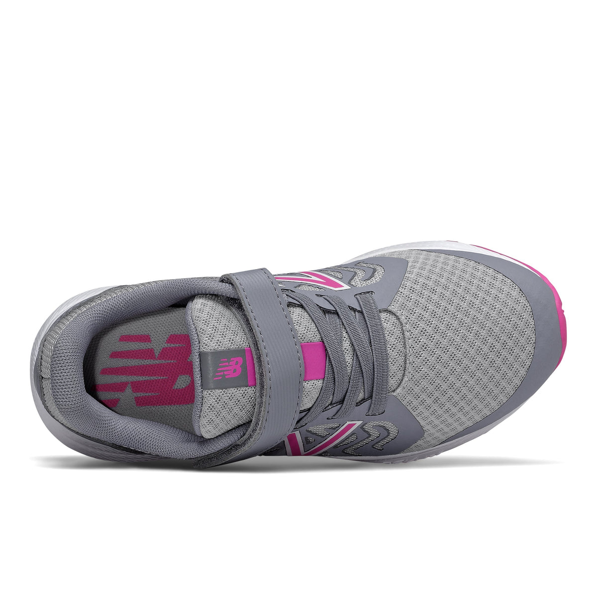 Allen's Bootery New Balance 519 V2 kids' running shoe in grey and pink with mesh upper and hook-and-loop strap