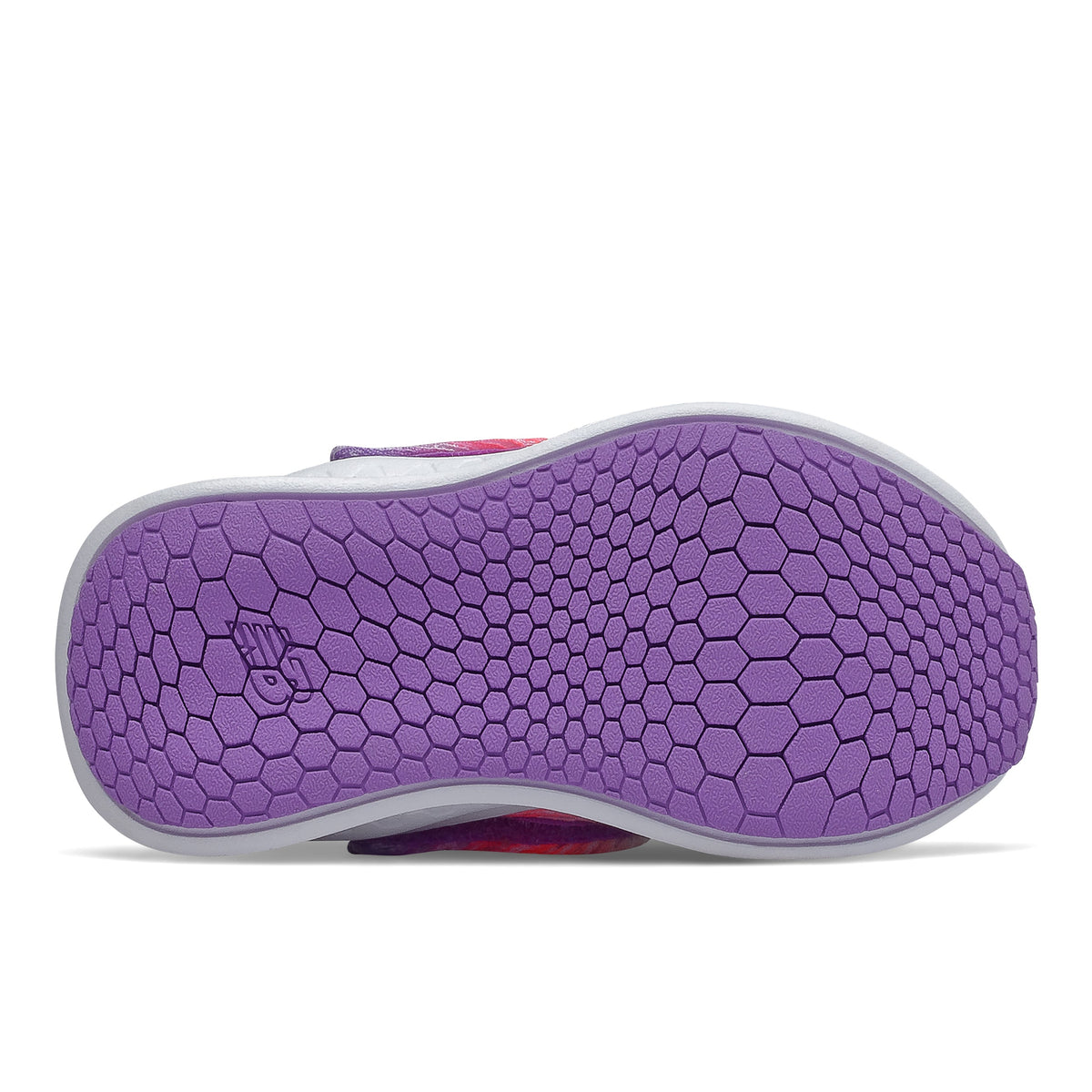 Allen's Bootery New Balance Fresh Foam toddler running shoe with a purple hexagonal tread pattern on the outsole