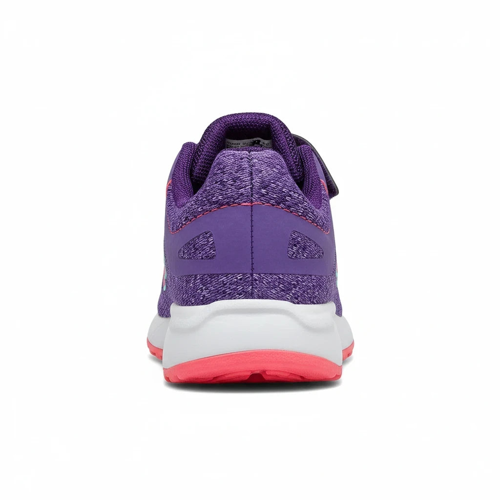 Allen's Bootery New Balance 455 V2 infant running shoe in violet and guava with a white EVA foam midsole, back view.