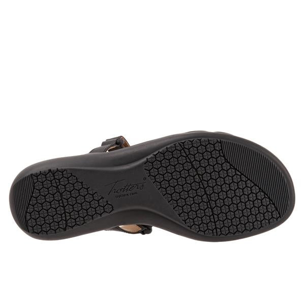 Allen's Bootery Raja black sandal showing the textured, flexible rubberized sole with a patterned grip design.