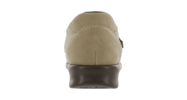 Allen's Bootery Roamer sage leather comfort shoe with a durable brown polyurethane outsole, back view.