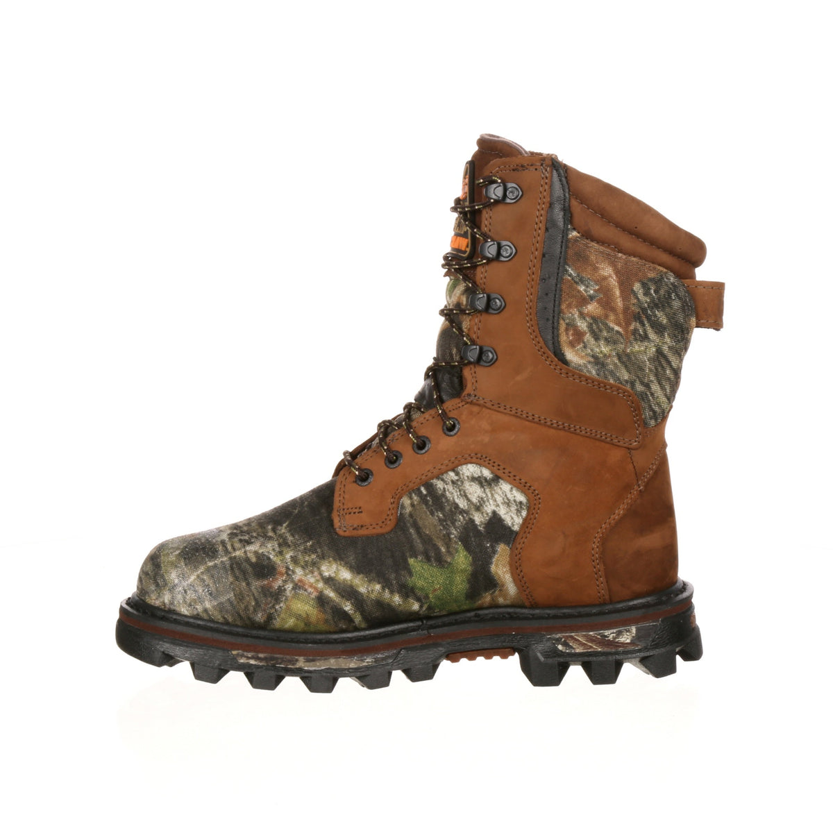 Allen's Bootery Rocky BearClaw waterproof hunting boot in brown leather and Mossy Oak camouflage with 1000G insulation
