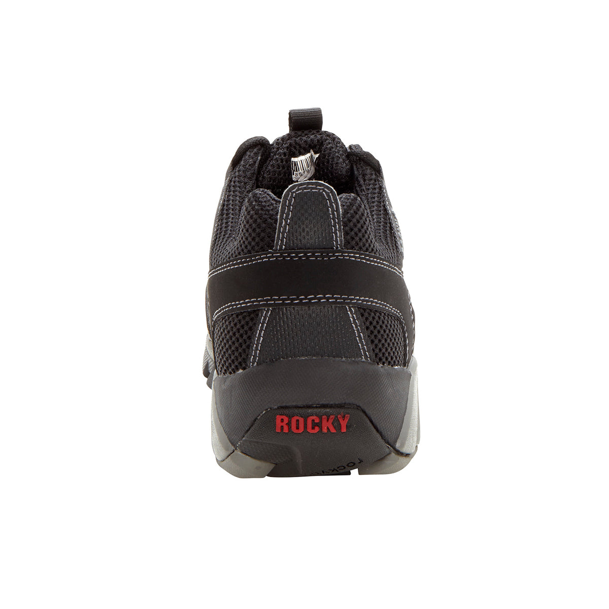 Rear view of Allen's Bootery Rocky TrailBlade black athletic work shoe with breathable mesh and red branding