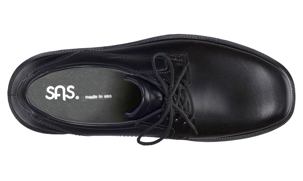 Allen's Bootery SAS Ambassador black leather dress shoe with lace-up closure and cushioned footbed, top view