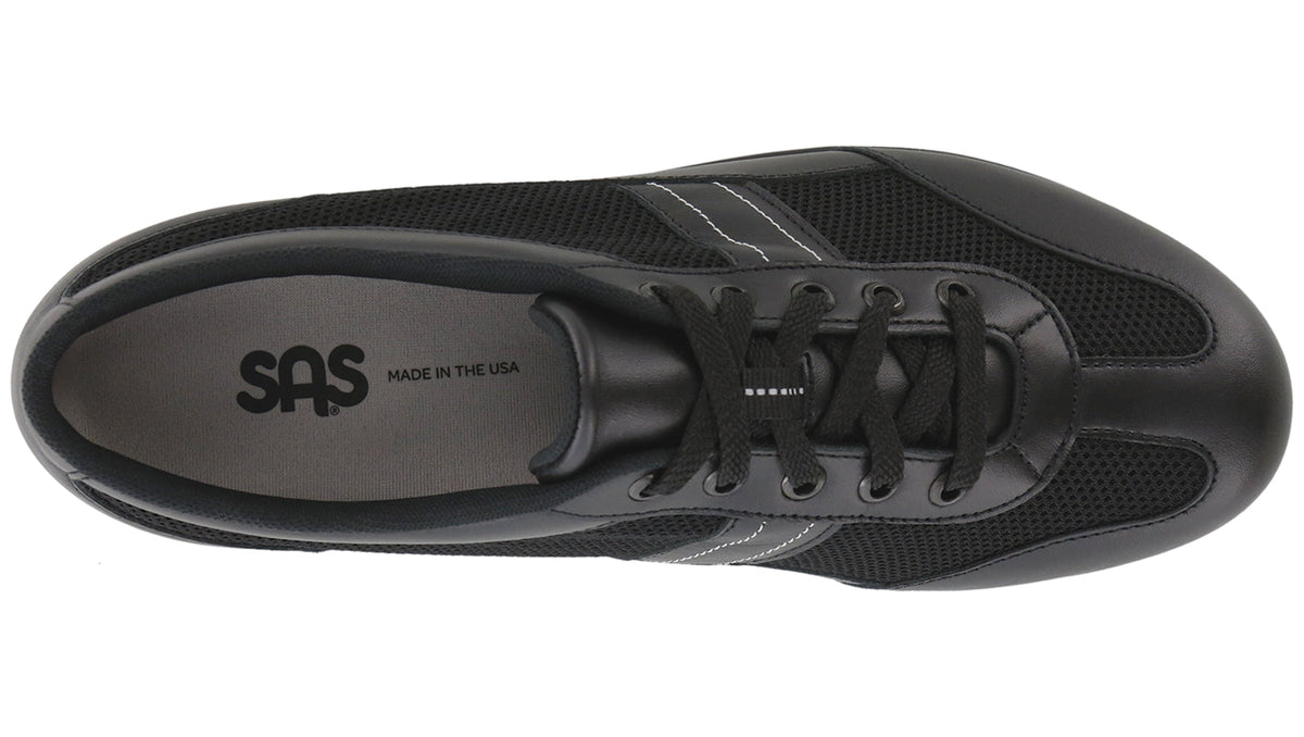 Allen's Bootery SAS FT Mesh black leather and breathable mesh sneaker with lace-up closure, top-down view