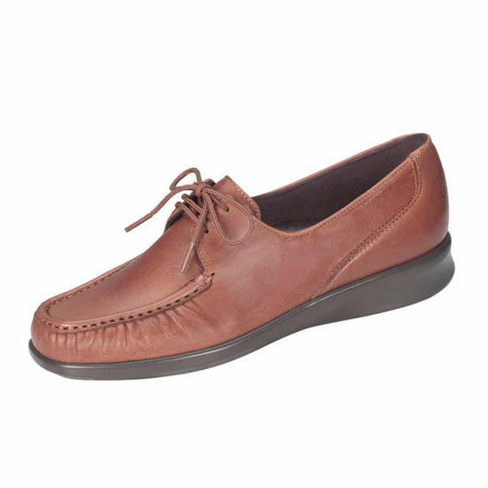 Allen's Bootery SAS Petra tan leather moccasin-style lace-up loafers with cushioned soles for women.