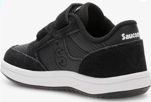 Allen's Bootery Saucony Kids Jazz black suede and nylon sneaker with adjustable closure and white EVA foam midsole