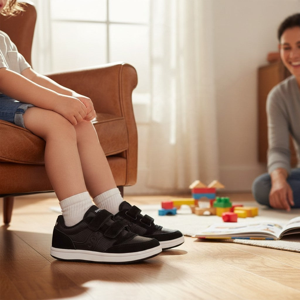 Allen's Bootery Saucony Kids Jazz black suede and nylon sneakers with adjustable straps on a toddler sitting in a chair