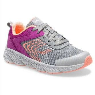 Allen's Bootery Saucony Wind little kid's sneaker in purple and gray with breathable mesh and orange accents