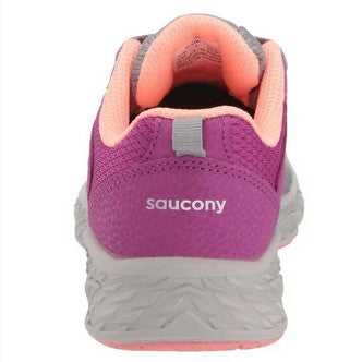 Allen's Bootery Saucony Wind little kid's sneaker in purple and gray with a textured EVA midsole and rear view.