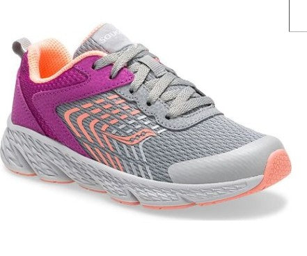 Allen's Bootery Saucony Wind little kid sneaker in purple and gray mesh with coral accents and durable toe cap
