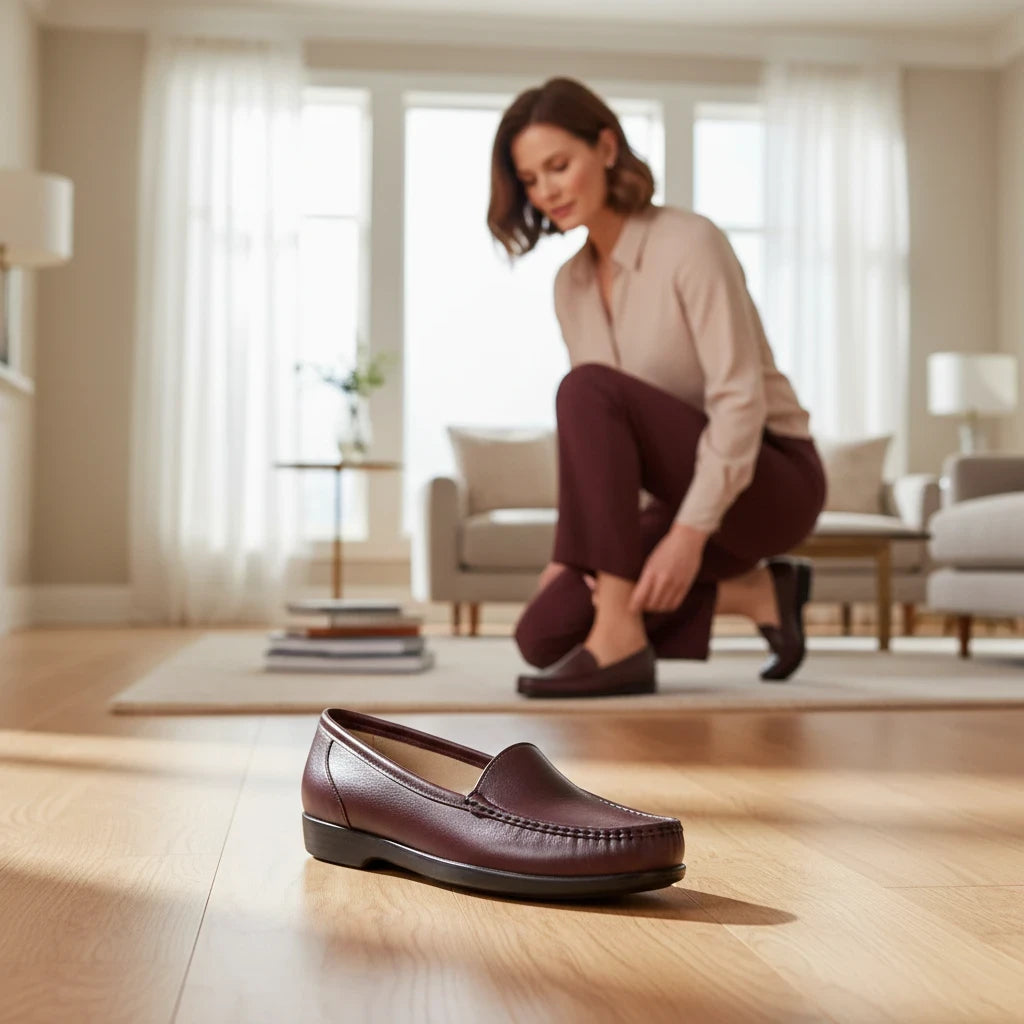 Allen's Bootery Simplify moccasin loafer in antique wine leather with a woman putting on a matching pair in the background